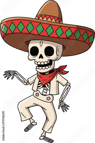 Dancing skeleton wearing sombrero hat, Mexican traditional costume, festive cartoon character, Day of the Dead celebration, funny cultural Halloween illustration