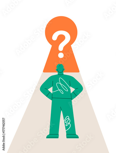 Man standing looking a keyhole. New discoveries concept. Colorful vector illustration