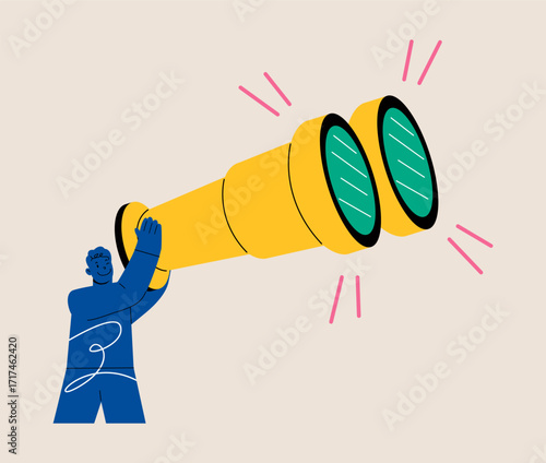 Man looking future through big binoculars. Colorful vector illustration