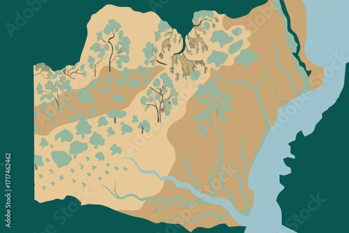 Earth Toned Illustration of Arid Landscape with Trees and River earth tones map of