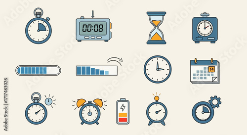 Time Management Clocks, Sand Timers, and Battery Icons for Planning and Deadlines