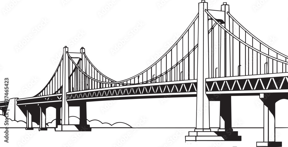 Obraz premium Suspension Bridge Silhouette, Black and White Engineering Illustration with Cables and Truss Design