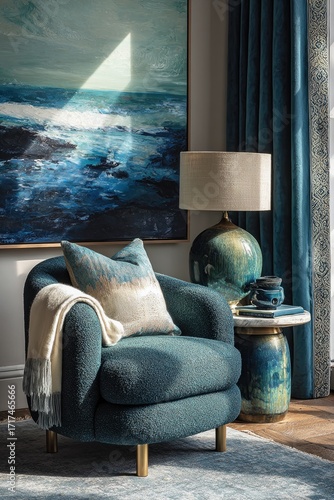 A cozy, modern living room featuring a teal armchair, abstract ocean artwork, and stylish decor elements that create a serene atmosphere.