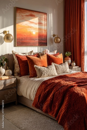 A cozy bedroom featuring warm orange tones, layered pillows, and a stunning sunset painting, creating a welcoming and stylish atmosphere.