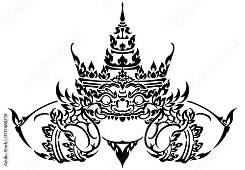 A black vector illustration in the traditional Thai art style, depicting the celestial deity Rahu devouring the moon 