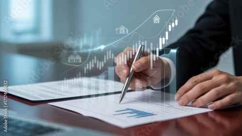 Analyzing Financial Charts: An executive meticulously examines and analyzes financial charts, using a pen to highlight key data points, representing a modern approach to finance and business success.
