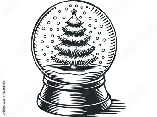 Christmas tree inside snow globe with falling snow. Vector hand drawn illustration