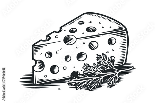 Wedge of Swiss cheese with herb garnish. Vector hand drawn illustration