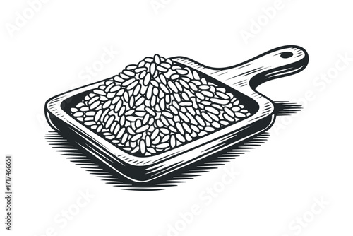 Wooden Scoop Filled With Grain. Vector hand drawn illustration