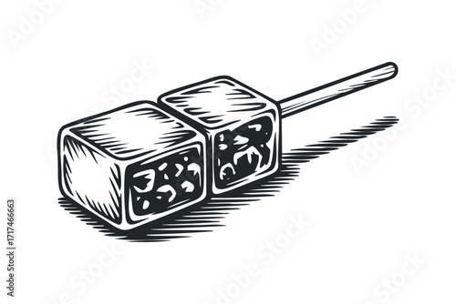 Black and white drawing of food cubes on a stick. Vector hand drawn illustration