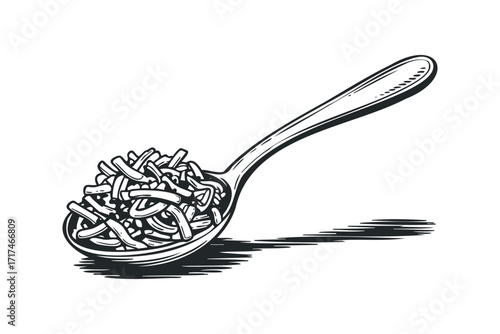 Spoon filled with shredded cheese in black and white. Vector hand drawn illustration