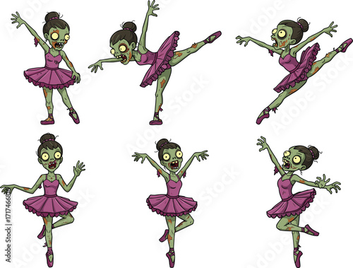 Zombie ballerina, cartoon undead dancer, ballet horror character, green skin tutu, spooky ballet pose, funny creepy dance illustration