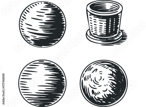 Four sketch style objects on white background. Vector hand drawn illustration