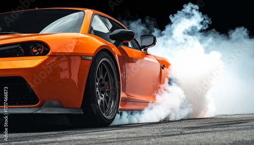 Orange super sport car from side with detail on drifting wheel, smoking and doing burnouts on a dark background
