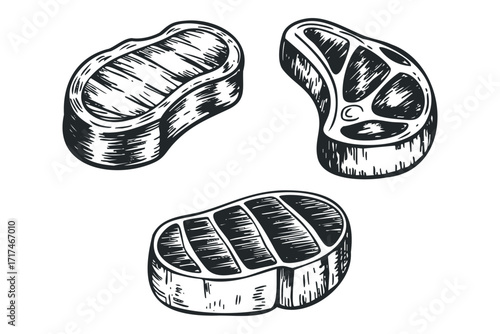 Three uncooked steaks with visible marbling. Vector hand drawn illustration