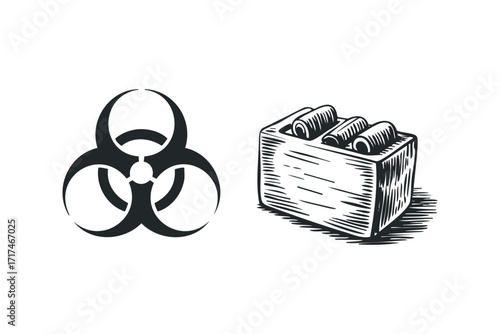 Hazardous material container and biohazard symbol. Vector hand drawn illustration