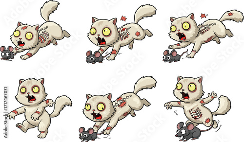 Zombie cat chasing mouse, horror cartoon sequence, funny undead animal sketch, creepy feline illustration, comic predator prey moment, Halloween humor art