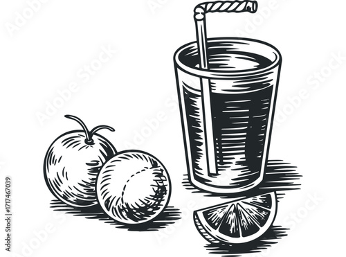 Glass of fresh juice with orange fruit and slice. Vector hand drawn illustration