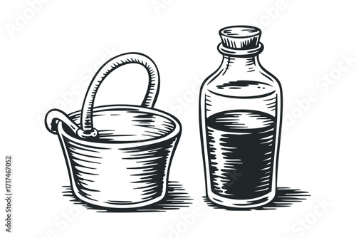 Wooden bucket and bottle with liquid. Vector hand drawn illustration