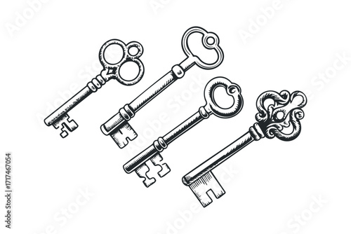 Four antique metal keys with intricate handles. Vector hand drawn illustration