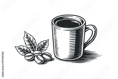 Engraved Style Coffee Cup with Beans and Leaves. Vector hand drawn illustration