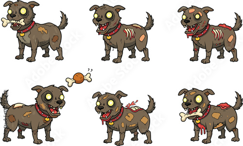 Zombie dog cartoon, horror pet transformation, undead canine stages, creepy animal illustration, exposed bone, scary character design, Halloween concept art
