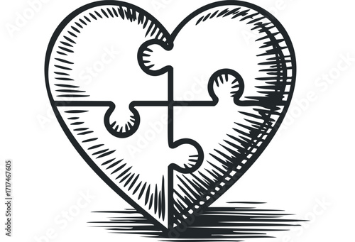 Heart shape formed by four puzzle pieces. Vector hand drawn illustration