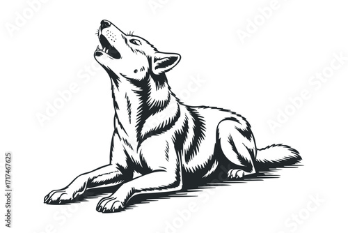 Wolf howling while lying down. Vector hand drawn illustration
