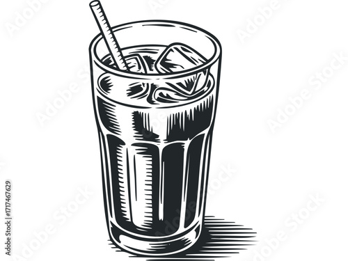 Glass of Iced Drink with Straw and Ice Cubes. Vector hand drawn illustration