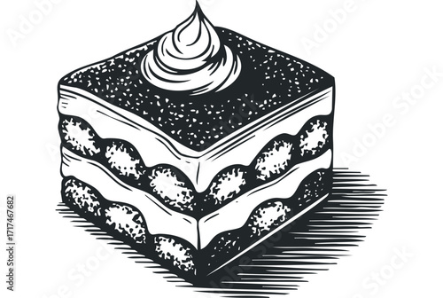 Layered Square Dessert with Swirl of Cream. Vector hand drawn illustration