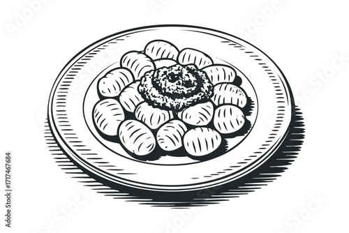 Gnocchi served on a plate with topping. Vector hand drawn illustration
