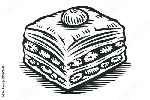 Stylized woodcut of a layered dessert. Vector hand drawn illustration