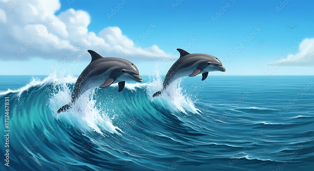 Fototapeta premium Two playful dolphins leap gracefully over a vibrant ocean wave, showcasing a serene and joyful scene.