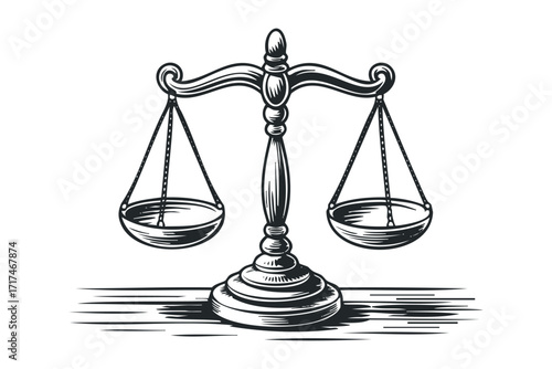 Scales of justice with empty pans. Vector hand drawn illustration