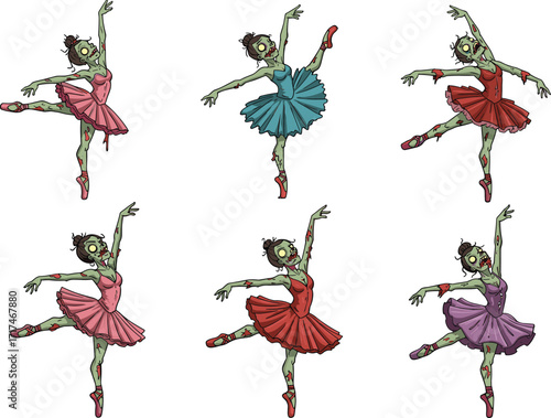 Zombie ballerina cartoon, horror ballet character, undead dancer poses, creepy tutu illustration, spooky performance art, Halloween dance concept, fantasy costume design