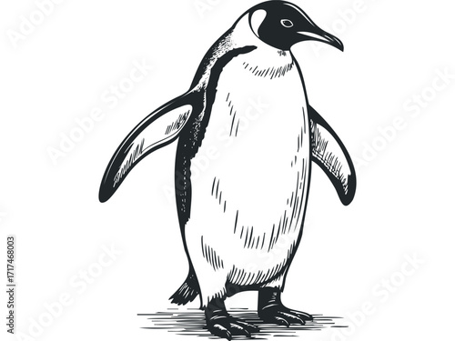 Pencil sketch of a standing penguin on a white background. Vector hand drawn illustration
