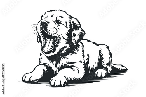 Yawning puppy lying down on a white surface. Vector hand drawn illustration