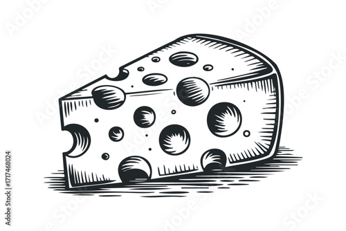 Gouda Cheese Wedge with Holes. Vector hand drawn illustration