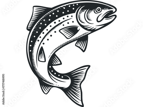 Jumping Trout Fish Silhouette. Vector hand drawn illustration