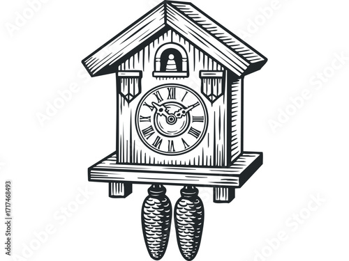 Vintage Cuckoo Clock Woodcut Style Drawing. Vector hand drawn illustration