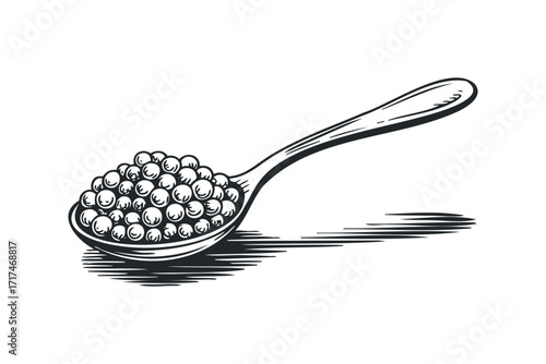 Black and white spoon filled with small spheres. Vector hand drawn illustration