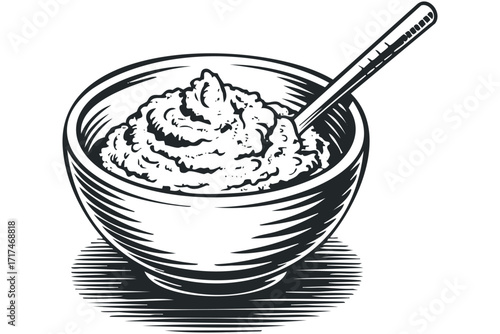Bowl of pureed food with spoon. Vector hand drawn illustration
