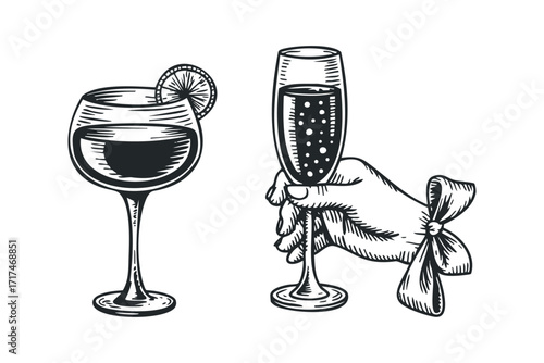 Two drinks with festive garnishes in vintage sketch style. Vector hand drawn illustration