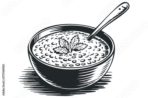 Bowl of Lentil Soup with Parsley and Spoon. Vector hand drawn illustration