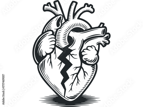 Cracked Human Heart Symbol. Vector hand drawn illustration