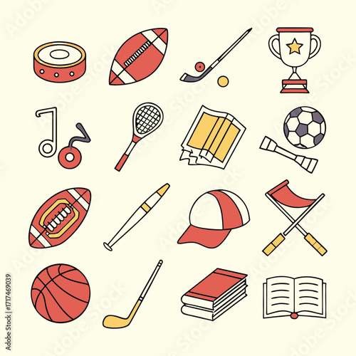 vector icon set of various sports and recreation equipment. A collection of flat line art symbols for games like football, basketball, and soccer