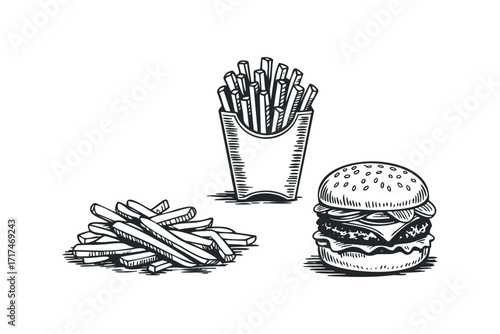 Hand Drawn Burger and French Fries Combo. Vector hand drawn illustration