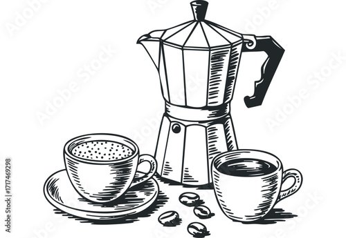 Espresso Maker with Coffee Cups and Beans Sketch. Vector hand drawn illustration