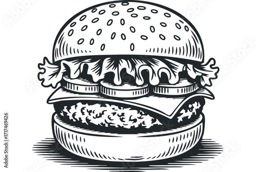 Line drawing of a detailed hamburger with lettuce and cheese. Vector hand drawn illustration