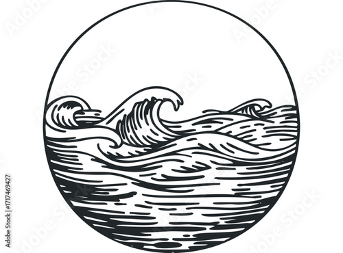 Black and white depiction of ocean waves in a circle. Vector hand drawn illustration